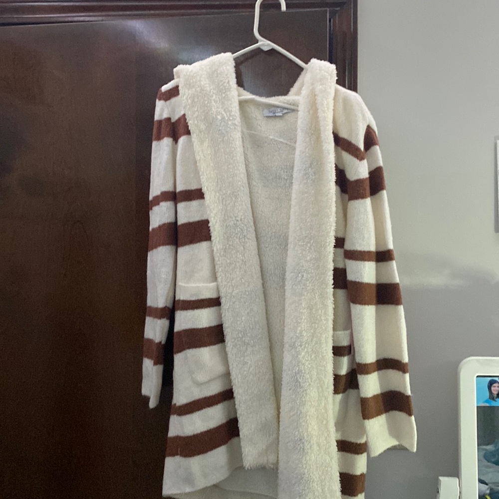Soft fuzzy striped cardigan jacket